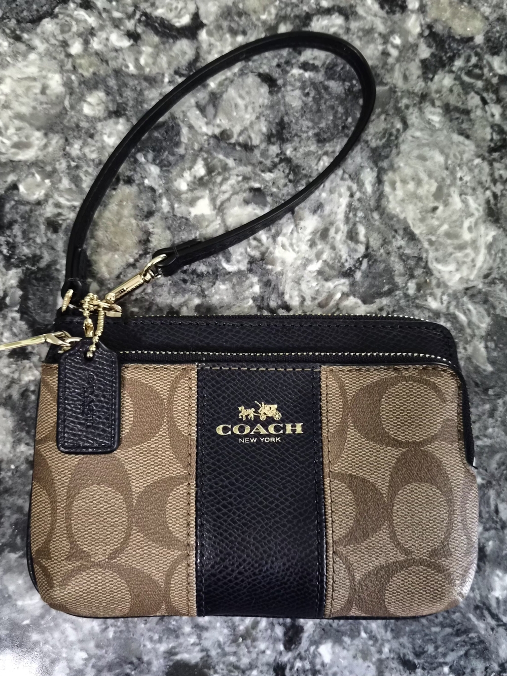 Coach Signature Canvas Black Trim Wristlet - Brown/Black